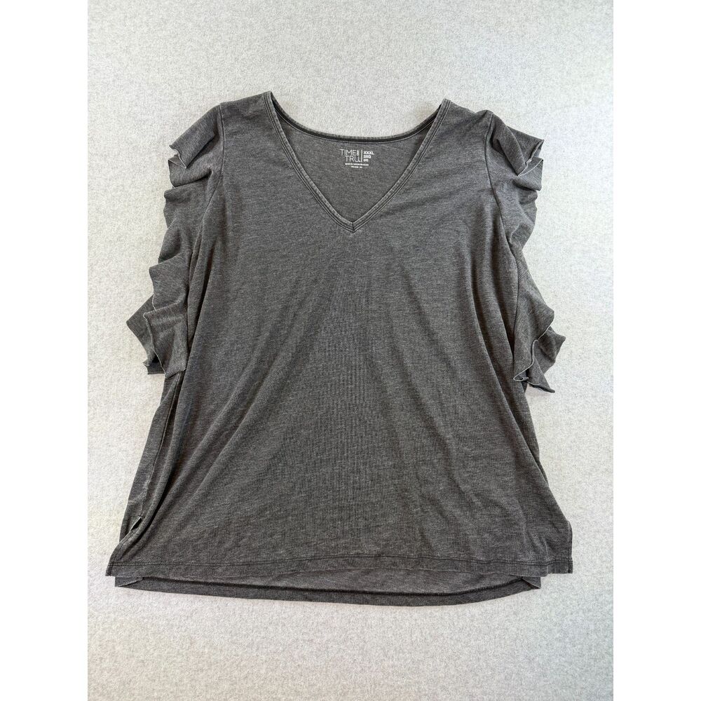 Time and Tru Women’s 3X Gray V Neck Ruffle Sleeve Plus Size Top 3102
